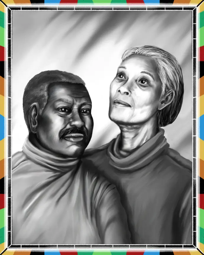 A drawing of an older couple posing for a portrait.